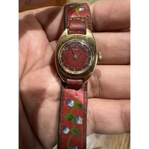 WORKING* Timex Rare Vintage Watch Red & Gold Dial Mechanical Watch With Red Band